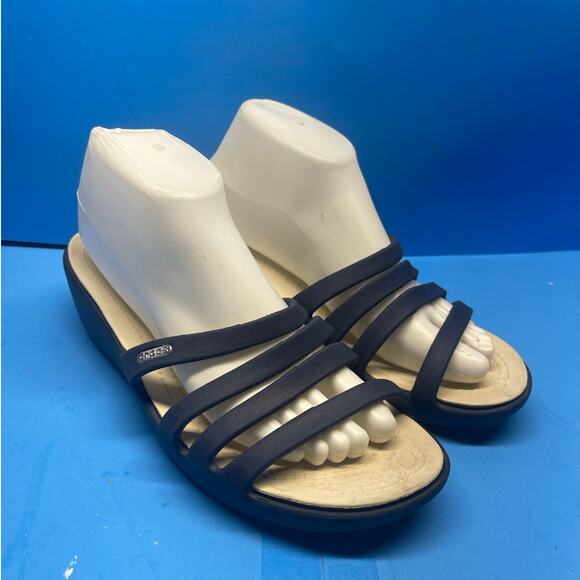 Crocs Rhonda Strappy Wedge Sandals Women Size 10 Blue Slide On - Picture 1 of 8